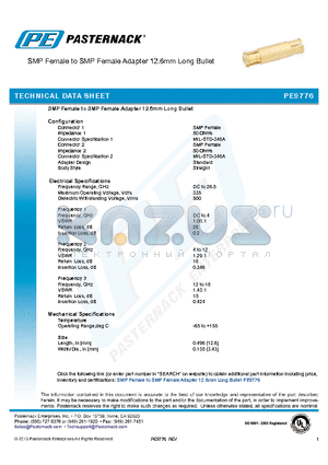 PE9776 datasheet - SMP Female to SMP Female Adapter 12.6mm Long Bullet