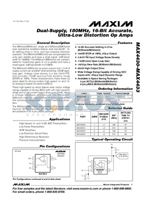 MAX4433ESA datasheet - Dual-Supply, 180MHz, 16-Bit Accurate, Ultra-Low Distortion Op Amps