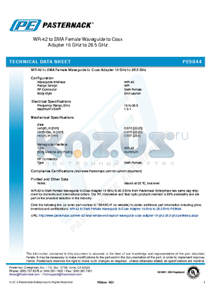 PE9844 datasheet - WR-42 to SMA Female Waveguide to Coax  Adapter 18 GHz to 26.5 GHz