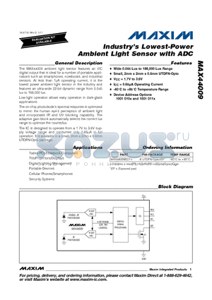 MAX44009EDT+ datasheet - Industrys Lowest-Power Ambient Light Sensor with ADC