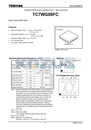 TC7WG08FC datasheet - CMOS Digital Integrated Circuit Silicon Monolithic Dual 2-Input AND Gate