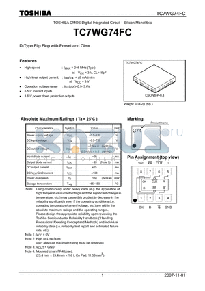 TC7WG74FC datasheet - CMOS Digital Integrated Circuit Silicon Monolithic D-Type Flip Flop with Preset and Clear