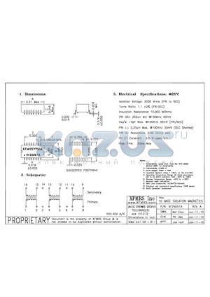 XF25061B datasheet - 10 BASE ISOLATION MAGNETICS