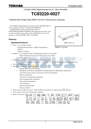 TC83220-0027 datasheet - TC83220-0027 Single-Chip CMOS LSI for FL (fluorescent) Calculator