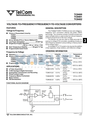 TC9400 datasheet - VOLTAGE-TO-FREQUENCY/FREQUENCY-TO-VOLTAGE CONVERTERS