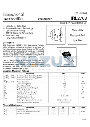 IRL2703 datasheet - HEXFET Power MOSFET