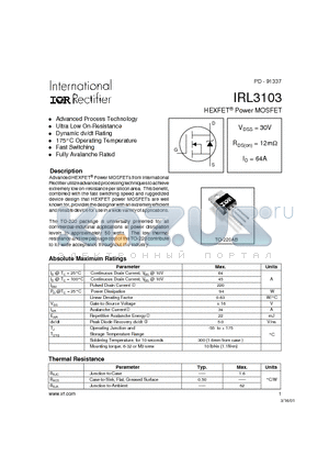 IRL3103 datasheet - Power MOSFET(Vdds=30V, Rds(on)=12mohm, Id=64A)