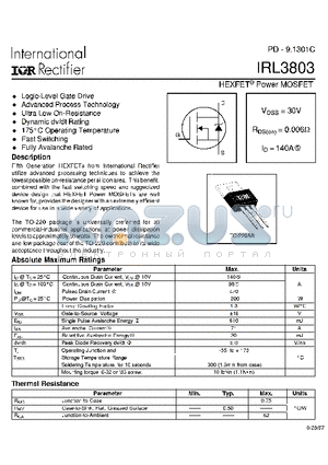 IRL3803 datasheet - Power MOSFET(Vdss=30V, Rds(on)=0.006ohm, Id=140A)