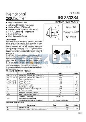 IRL3803L datasheet - Power MOSFET(Vdss=30V, Rds(on)=0.006ohm, Id=140A)