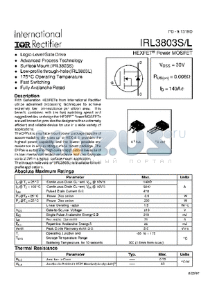 IRL3803S datasheet - Power MOSFET(Vdss=30V, Rds(on)=0.006ohm, Id=140A)
