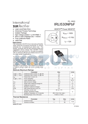 IRLI530NPBF datasheet - HEXFET Power MOSFET