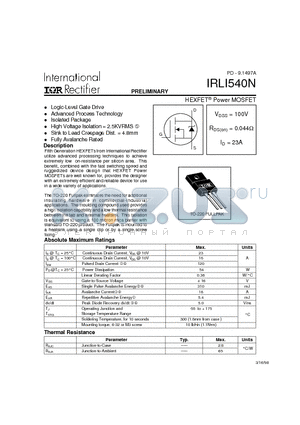 IRLI540N datasheet - HEXFET Power MOSFET