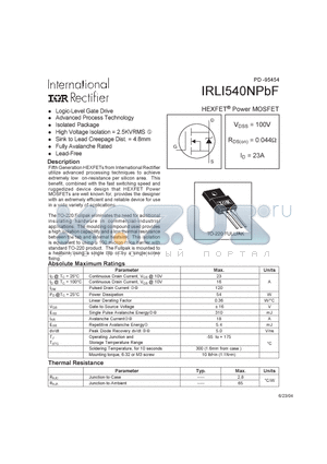 IRLI540NPBF datasheet - HEXFET Power MOSFET