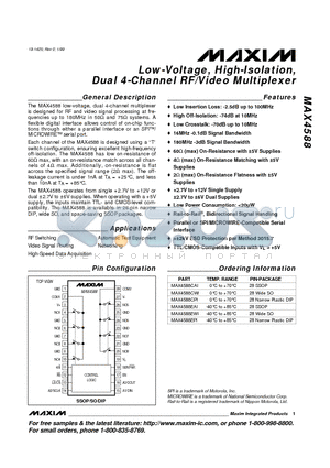 MAX4588CPI datasheet - Low-Voltage, High-Isolation, Dual 4-Channel RF/Video Multiplexer