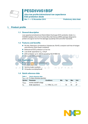 PESD5V0S1BSF datasheet - Ultra low profile bidirectional low capacitance ESD protection diode