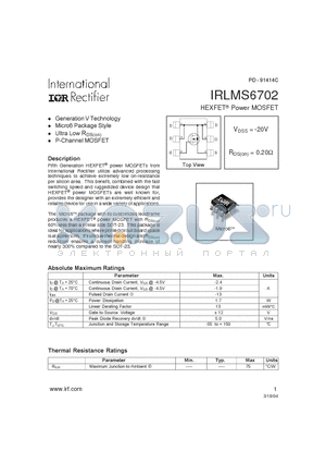 IRLMS6702 datasheet - HEXFET Power MOSFET