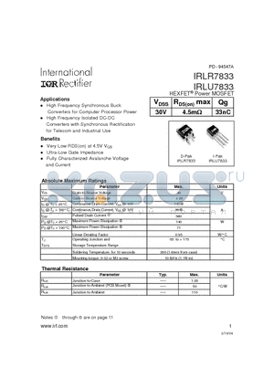IRLR7833 datasheet - Power MOSFET