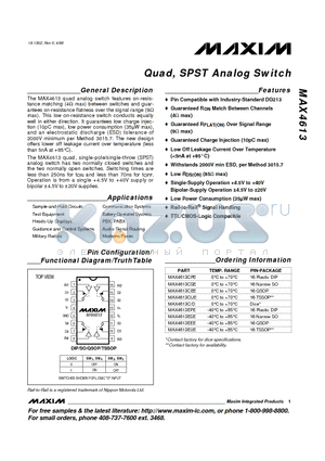 MAX4613CSE datasheet - Quad, SPST Analog Switch