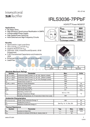 IRLS3036-7PPBF datasheet - HEXFET Power MOSFET