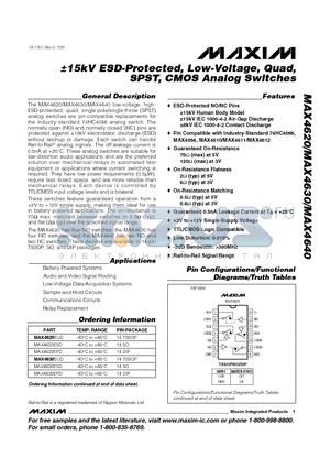 MAX4620 datasheet - /-15kV ESD-Protected, Low-Voltage, Quad, SPST, CMOS Analog Switches