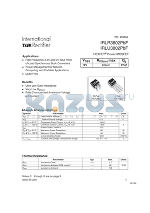 IRLU3802PBF datasheet - HEXFET Power MOSFET