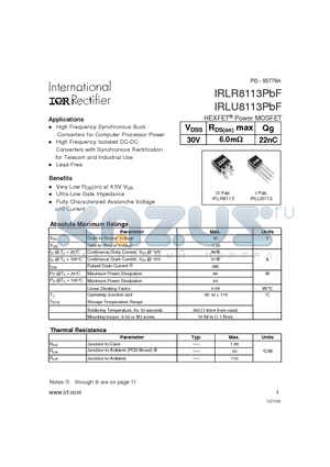 IRLU8113PBF datasheet - HEXFET Power MOSFET
