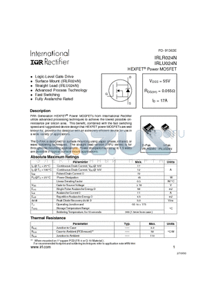IRLU024N datasheet - HEXFET Power MOSFET