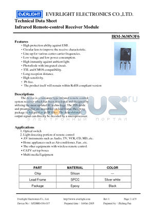 IRM-3638N3F6 datasheet - Infrared Remote-control Receiver Module