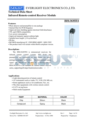 IRM-3638TF4 datasheet - Infrared Remote-control Receiver Module