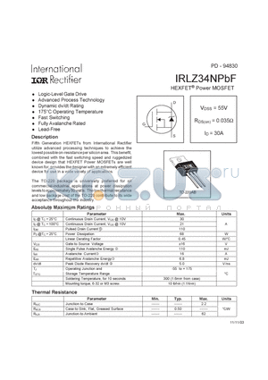 IRLZ34NPBF datasheet - HEXFET Power MOSFET
