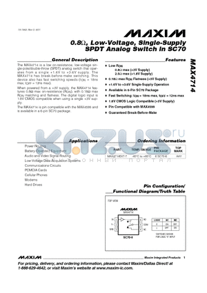 MAX4714EXT-T datasheet - 0.8, Low-Voltage, Single-Supply SPDT Analog Switch in SC70