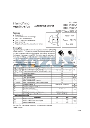 IRLU2905Z datasheet - AUTOMOTIVE MOSFET