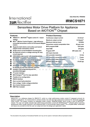 IRMCS1071 datasheet - Sensorless Motor Drive Platform for Appliance Based on iMOTIONTM Chipset