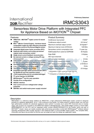 IRMCS3043 datasheet - Sensorless Motor Drive Platform with Integrated PFC for Appliance Based on iMOTIONTM Chipset