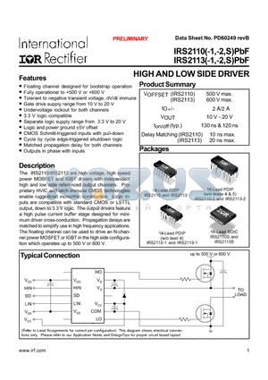 IRS2113SPBF datasheet - HIGH AND LOW SIDE DRIVER