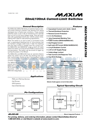 MAX4785EXK-T datasheet - 50mA/100mA Current-Limit Switches