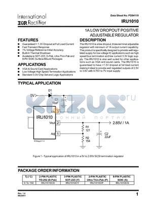 IRU1010 datasheet - 1A LOW DROPOUT POSITIVE ADJUSTABLE REGULATOR