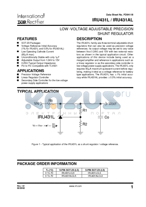 IRU431AL datasheet - LOW -VOLTAGE ADJUSTABLE PRECISION SHUNT REGULATOR