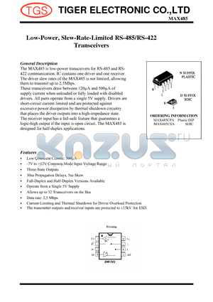 MAX485CSA datasheet - Low-Power, Slew-Rate-Limited RS-485/RS-422 Transceivers