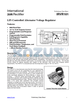 IRVR101 datasheet - LIN Controlled Alternator Voltage Regulator