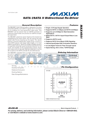 MAX4951CTP+ datasheet - SATA I/SATA II Bidirectional Re-Driver