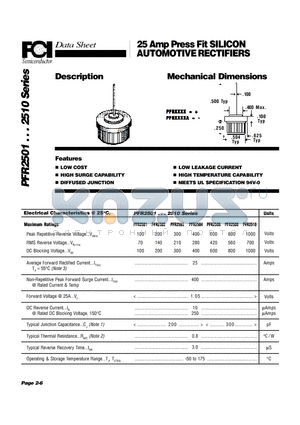 PFR2501 datasheet - 25 Amp Press Fit SILICON AUTOMOTIVE RECTIFIERS