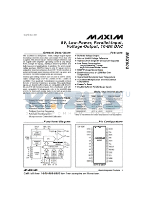MAX503 datasheet - 5V, Low-Power, Parallel-Input, Voltage-Output, 10-Bit DAC