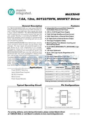 MAX5048BAUTTG16 datasheet - 7.6A, 12ns, SOT23/TDFN, MOSFET Driver