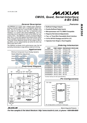 MAX500BC/D datasheet - CMOS, Quad, Serial-Interface 8-Bit DAC