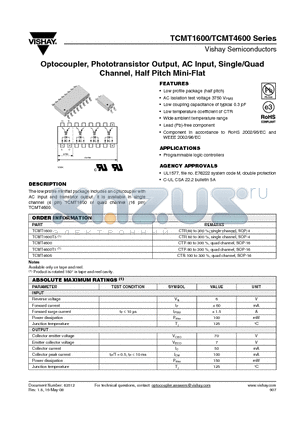 TCMT1600T3 datasheet - Optocoupler, Phototransistor Output, AC Input, Single/Quad Channel, Half Pitch Mini-Flat