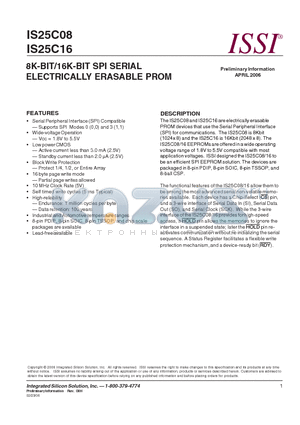 IS25C16 datasheet - 8K-BIT/16K-BIT SPI SERIAL ELECTRICALLY ERASABLE PROM