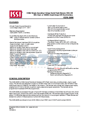 IS25LQ080 datasheet - 8 Mbit Single Operating Voltage Serial Flash Memory With 104