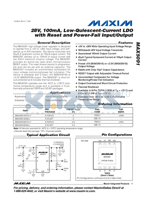 MAX5091 datasheet - 28V, 100mA, Low-Quiescent-Current LDO with Reset and Power-Fail Input/Output
