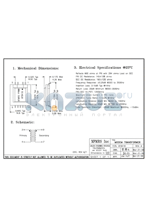 XF8418 datasheet - MODEM TRANSFORMER